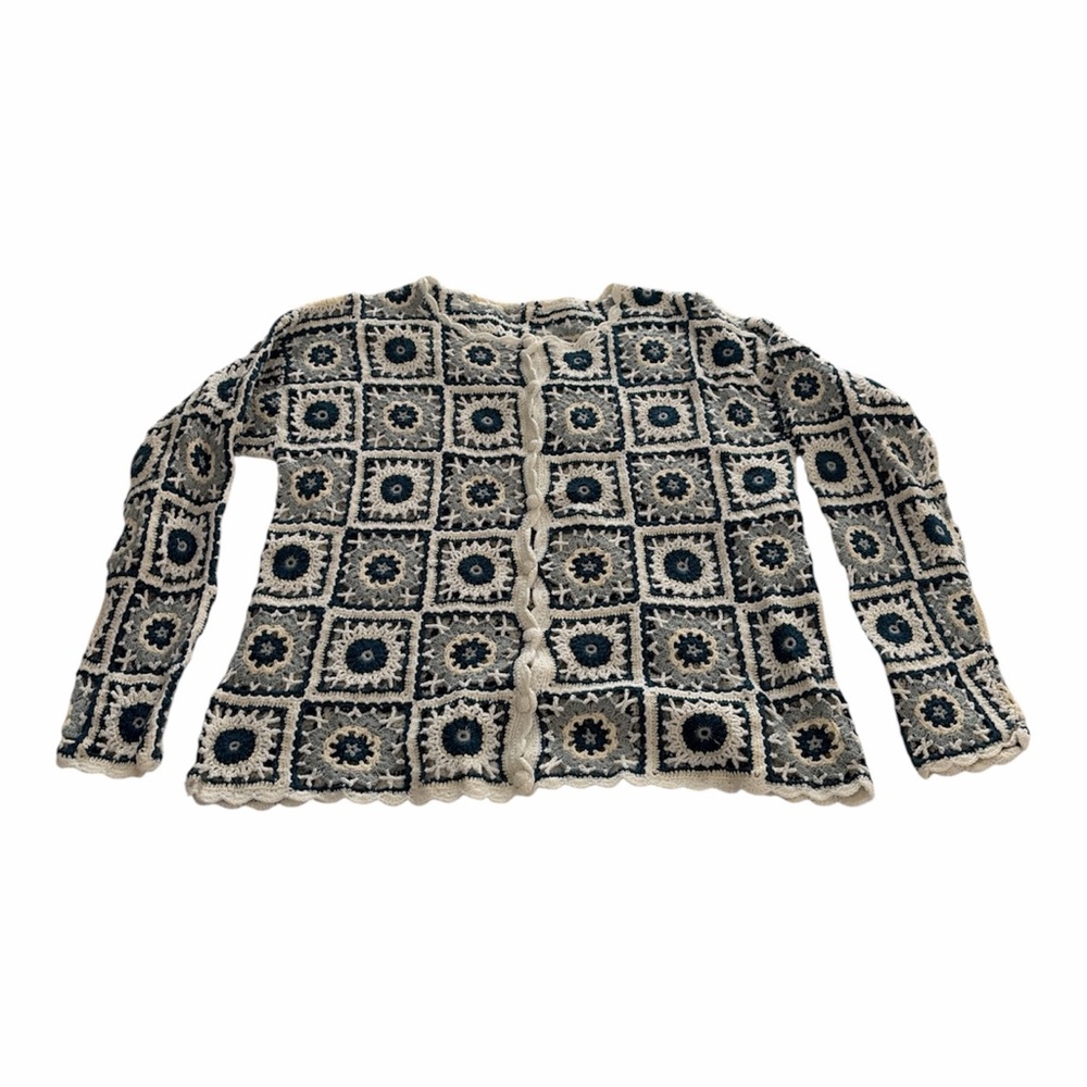 Vintage Granny Square Crochet Button Knit White Cardigan Sweater